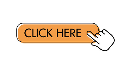 Click here button, with hand icon pointer clicking. Vector.