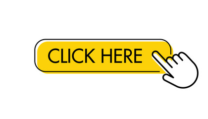 Click here button, with hand icon pointer clicking. Vector.