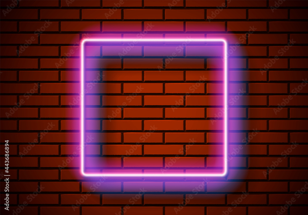 Poster neon frame with square shape on the red brick wall. classic rectangular 80s styled shiny glowing neo