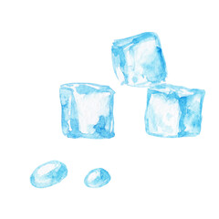 Obraz premium Watercolor illustration of ice cubes and water droplets hand drawn and isolated on white background