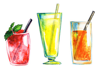 A set of three multi-colored cocktails in curly glasses. Hand drawn watercolor illustration isolated on white background