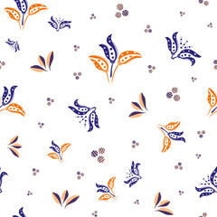 Abstract stylized tulip and leaf vector seamless pattern background. Modern purple white backdrop with bouquets of hand drawn pairs of tulips,foliage, dots circles. Summer garden floral design repeat
