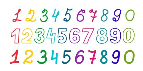 A set of lettering numbers of different colors drawn by hand. Vector illustration in a flat style.