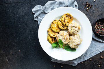vegetable meatballs no meat grilled zucchini rice, vegetables Cooking, in plate on the table,...
