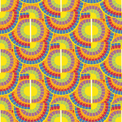 1970s style rainbow seamless vector pattern background. Backdrop with mosaic style oval pairs of rainbows in psychedelic colors. Funky overlapping texture repeat in boho hippie style. Hipster print