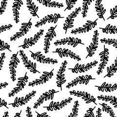 Abstract elegant seamless black and white pattern of lined botanical floral motifs of plants and leaves