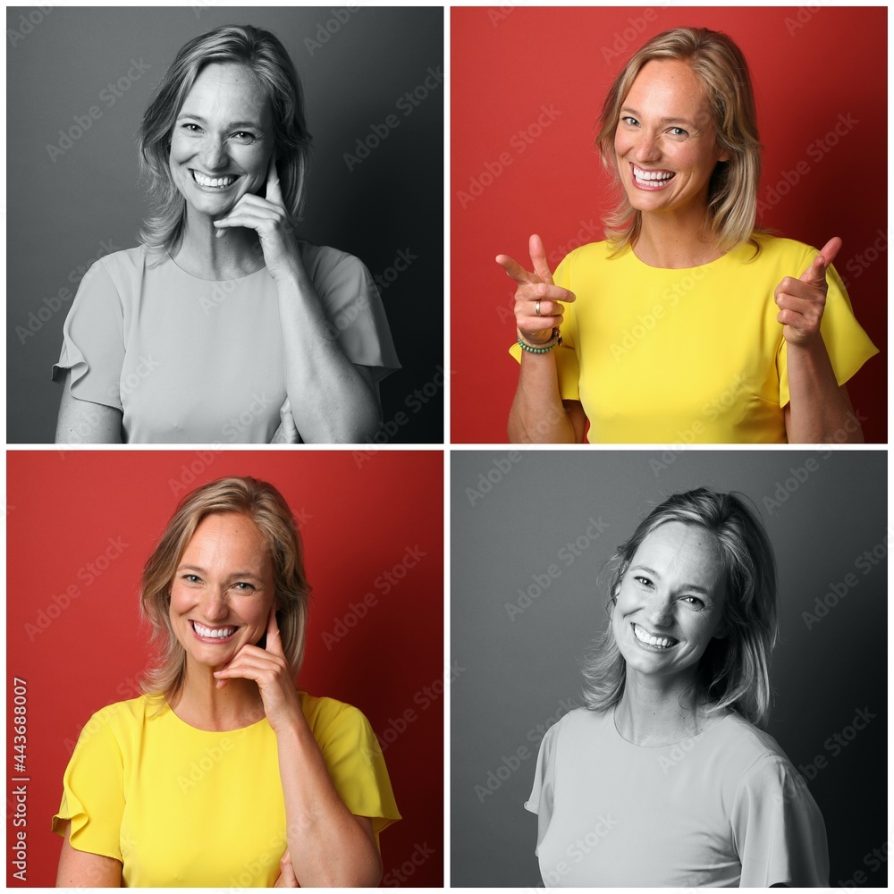 Wall mural Beautiful young woman in front of a colored background being very happy