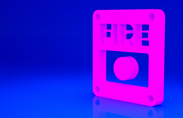 Pink Fire alarm system icon isolated on blue background. Pull danger fire safety box. Minimalism concept. 3d illustration 3D render