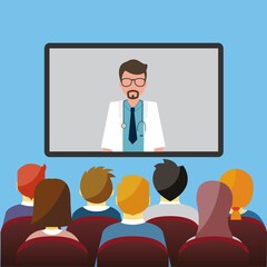 Medical online seminar vector illustration, cartoon flat tiny doctor people on training distance conference