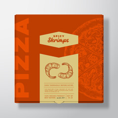 Pizza with Seafood Shrimps Realistic Cardboard Box Mockup. Abstract Vector Packaging Design or Label. Modern Typography, Sketch Food and Color Paper Background Layout. Isolated