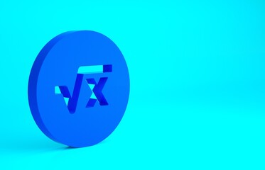 Blue Square root of x glyph icon isolated on blue background. Mathematical expression. Minimalism concept. 3d illustration 3D render