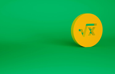 Orange Square root of x glyph icon isolated on green background. Mathematical expression. Minimalism concept. 3d illustration 3D render