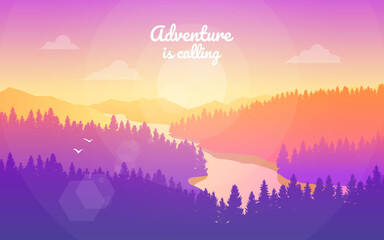 Mountain landscape. Travel flyer,  background, booklet. Adventure, hiking, camping, vacation. Abstract landscape, Banner with polygonal landscape illustration, Minimalist style, Flat design