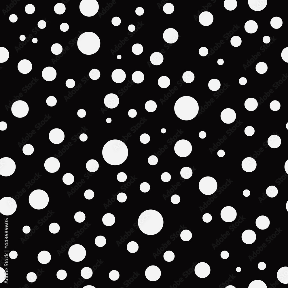 Poster Circles of different sizes. Vector white dots and black background.