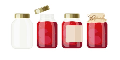 Jam or compote jars. Canned fruit or berries. Preserved fruit in glass jars set vector illustration. For Farmer Market Branding. Organic food eco template. Sweet dessert with vitamins.