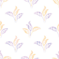 Obraz premium Abstract stylized tulip vector seamless pattern background. Pastel purple white bouquets of hand drawn blossoming tulips on subtle painted texture blend. Floral design repeat for wellness packaging.