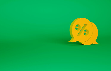 Orange Discount percent tag icon isolated on green background. Shopping tag sign. Special offer sign. Discount coupons symbol. Minimalism concept. 3d illustration 3D render