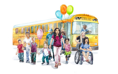 Illustration of Cheerful schoolchildren and children at the school bus on a holiday with balloons on an isolated white background in watercolor. Book, print, postcard, wallpaper, calendar.