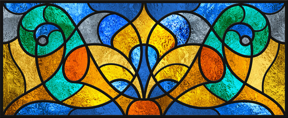 Fototapeta na wymiar Sketch of a colored stained glass window. Art Nouveau. Abstract stained-glass background. Bright colors, colorful. Modern. Architectural decor. Design luxury interior. Light. Red yellow, blue. 