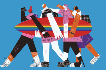 LGBT group of youth adults walk carrying a pride day surfboard to go surfing into the intolerance sea. Gender identity struggle concept illustration. - obrazy, fototapety, plakaty