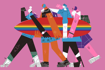 LGBT+ group of youth adults carrying a pride day surfboard to go surfing into the intolerance sea. Gender identity and sexual orientation struggle concept illustration. - obrazy, fototapety, plakaty