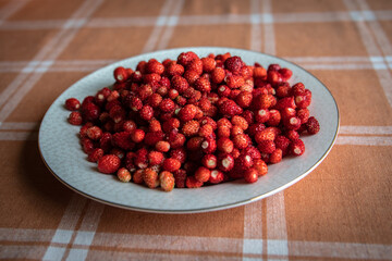 Wild strawberries in a plate on the kitchen table