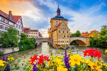 Fotobehang Bamberg, Germany. Town Hall of Bamberg (Altes Rathaus) with two bridges over the Regnitz river. Upper Franconia, Bavaria. © SCStock