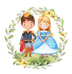 Watercolor illustration of a cute little prince and princess in a blue dress. Little girl and boy surrounded by watercolor floral wreath. Isolated. © FoxyImage
