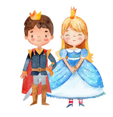 Watercolor illustration of a cute little prince and princess in a blue dress. Little girl and boy surrounded by watercolor floral wreath. Isolated - obrazy, fototapety, plakaty