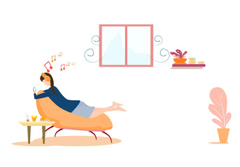 Concept happy relax. Woman lying on the sofa playing on the phone  Inside the living room on vacation happily. Vector flat style. Illustration for content relaxing, happiness, holidays, lifestyle