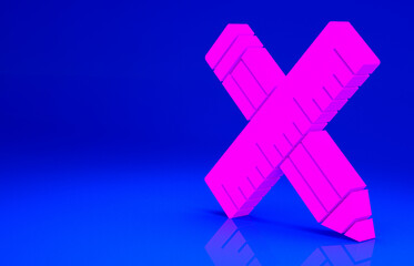 Pink Crossed ruler and pencil icon isolated on blue background. Straightedge symbol. Drawing and educational tools. Minimalism concept. 3d illustration 3D render
