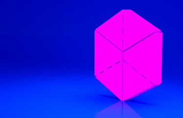 Pink Geometric figure Cube icon isolated on blue background. Abstract shape. Geometric ornament. Minimalism concept. 3d illustration 3D render