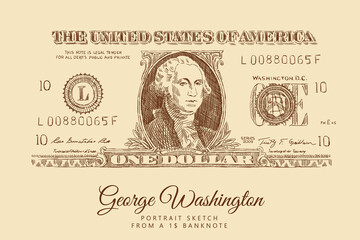 Sketch of a $ 1 banknote with a portrait of George Washington, the US currency. Engraving portrait of the President of America. Vintage brown and beige card, hand-drawn, vector. Old design.