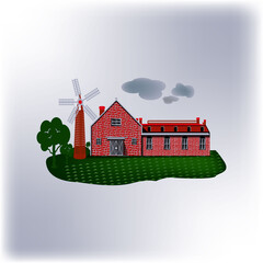 Graphic landscape with farm and field. Graphic design element for the create of the label or trademark. Vector illustration
