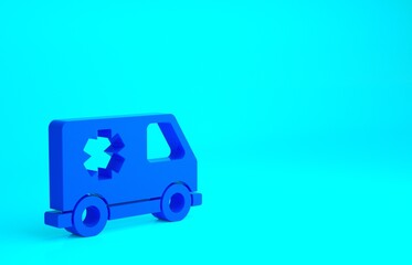 Blue Ambulance and emergency car icon isolated on blue background. Ambulance vehicle medical evacuation. Minimalism concept. 3d illustration 3D render