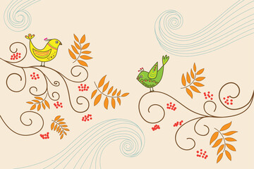 Doodle vector illustration with birds on Rowan trees. Whirlwinds, red berries and leaves. Clipping mask is used.