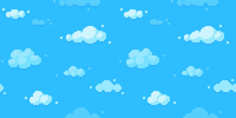 Pixel art clouds background. Seamless sky texture backdrop.