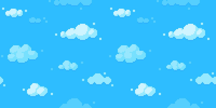 Pixel art clouds background. Seamless sky texture backdrop.
