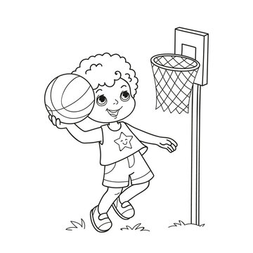 Coloring book basketball player - cute and active boy holding a basketball, in cool summer clothes outdoors on a white background for copy space. Vector line picture in cartoon style