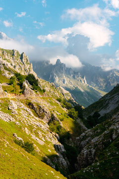 spectacular mountainous landscape with a road running through its gorge. Picos de Europa National Park, Asturias, Spain.