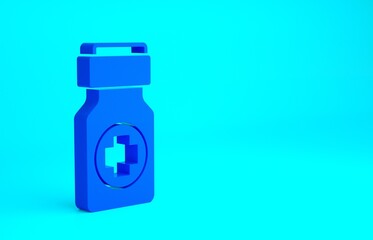 Blue Medicine bottle and pills icon isolated on blue background. Bottle pill sign. Pharmacy design. Minimalism concept. 3d illustration 3D render