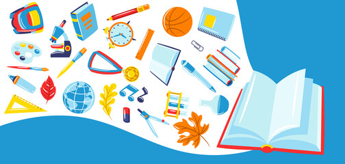 School background with education items. Illustration of supplies and stationery.
