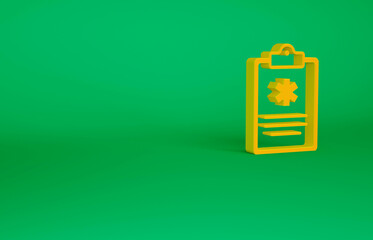 Orange Medical clipboard with clinical record icon isolated on green background. Health insurance form. Prescription, medical check marks report. Minimalism concept. 3d illustration 3D render