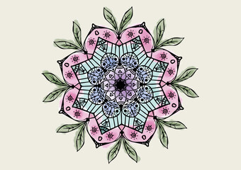 ボタニカルデザインの水彩風ゼンタングル-曼荼羅