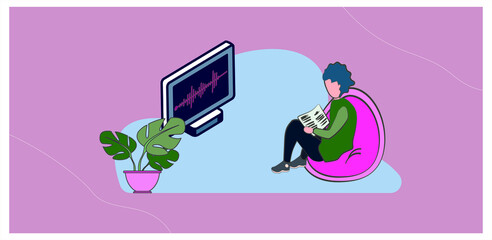 The girl is sitting on an easy chair and reading a book. The freelancer studies stock quotes and monitors the price dynamics on the monitor.