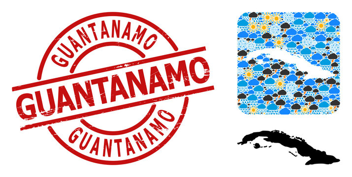 Climate mosaic map of Cuba, and textured red round Guantanamo stamp seal. Geographic vector mosaic map of Cuba is constructed as stencil from rounded square and scattered rain, cloud, sun,