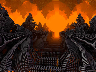 Fractal cave with stalactites and stalagmites., Display a cave deep in the earth. Multiple lights shine through the different patterns. 3D rendering.