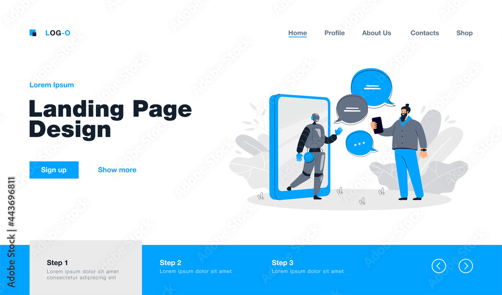 Poster tiny man chatting online with ai assistant flat vector illustration. cartoon customer getting virtua