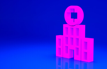 Pink Medical hospital building with cross icon isolated on blue background. Medical center. Health care. Minimalism concept. 3d illustration 3D render