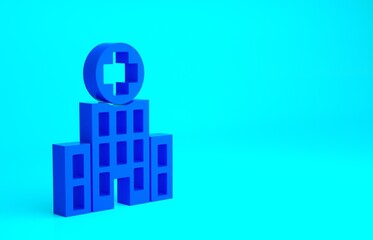 Fototapeta premium Blue Medical hospital building with cross icon isolated on blue background. Medical center. Health care. Minimalism concept. 3d illustration 3D render